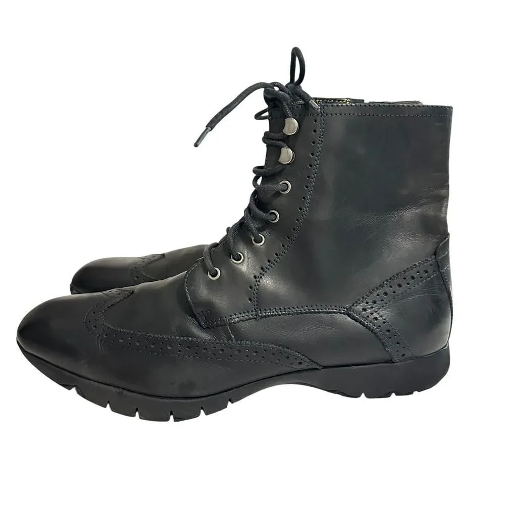 Hush Puppies Mens Black Leather Wingtip Combat Boots Vibram Sole Size 13 H103421